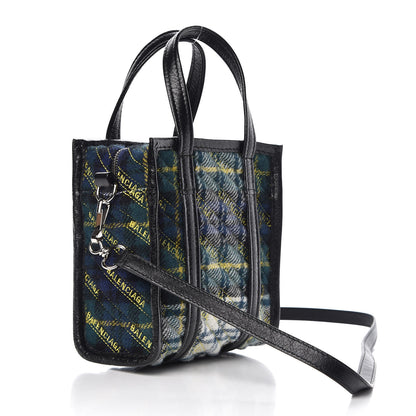Balenciaga Wool Cuir Arena Plaid Diagonal Allover Logo Matelasse XXS Bazar Shopper Tote Green Blue Yellow 3 of 8