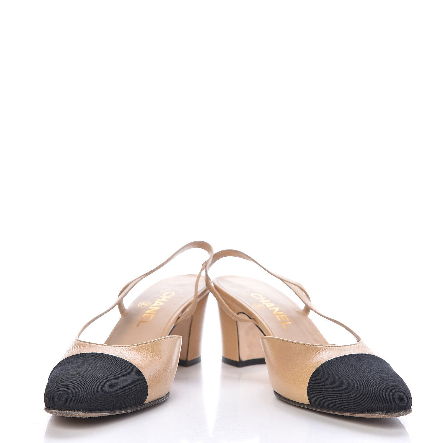Chanel Goatskin Grosgrain Cap Toe CC Slingback Pumps 38.5 Beige Black 5 of 15