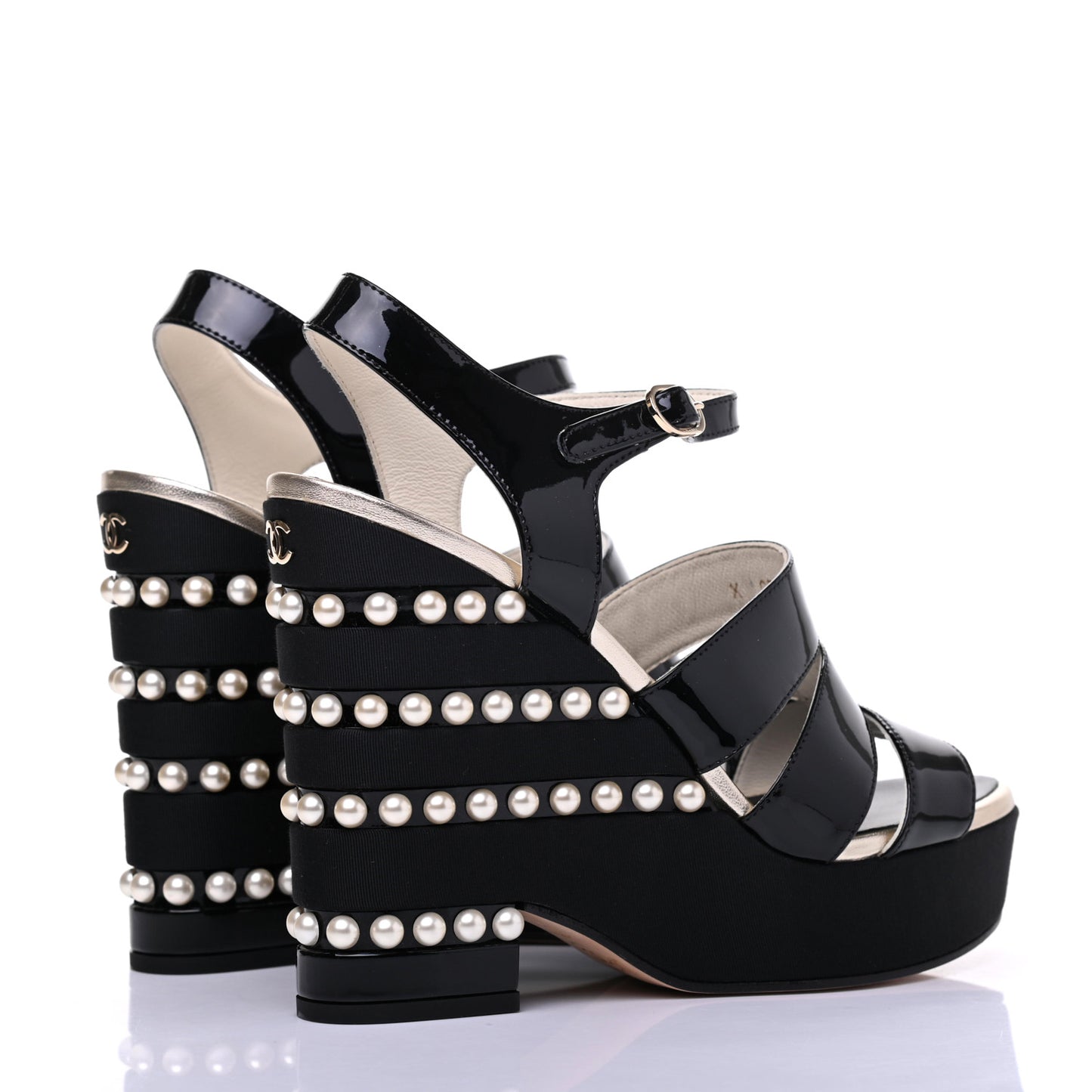 Patent Calfskin Grosgrain Pearl CC Wedge Sandals 38.5 Black