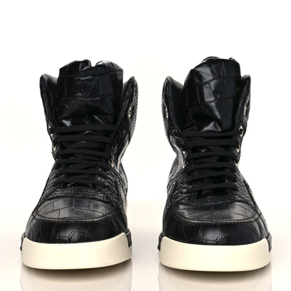 Chanel Calfskin Crocodile Embossed Mens Cocodile High Top Sneakers 45 Black 2 of 8