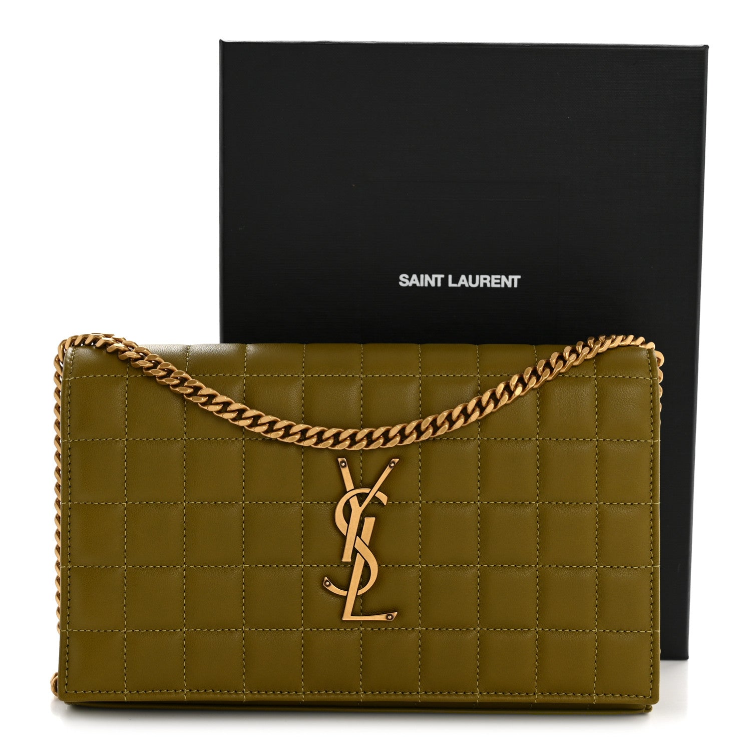 Saint Laurent Lambskin Carre Quilted Cassandre Chain Wallet Olive Drab 14 of 14
