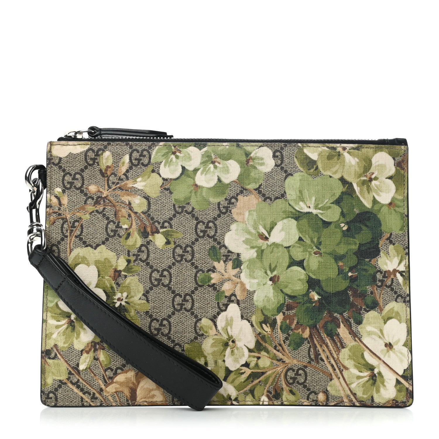 Gucci GG Supreme Monogram Blooms Small Zip Wristlet Pouch Beige New Military Black 1 of 7