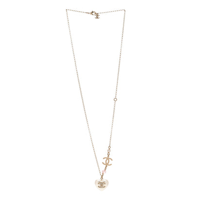 Chanel Resin Crystal CC Heart Necklace Pearly White Gold 3 of 6