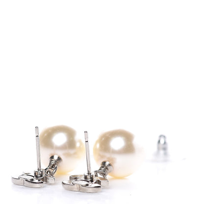 Chanel Crystal Pearl CC Drop Earrings Silver Pearly White 4 of 5