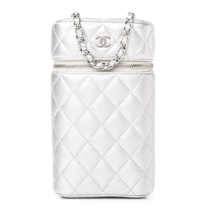 Chanel Metallic Lambskin Quilted Phone Holder With Chain Silver 1 of 10