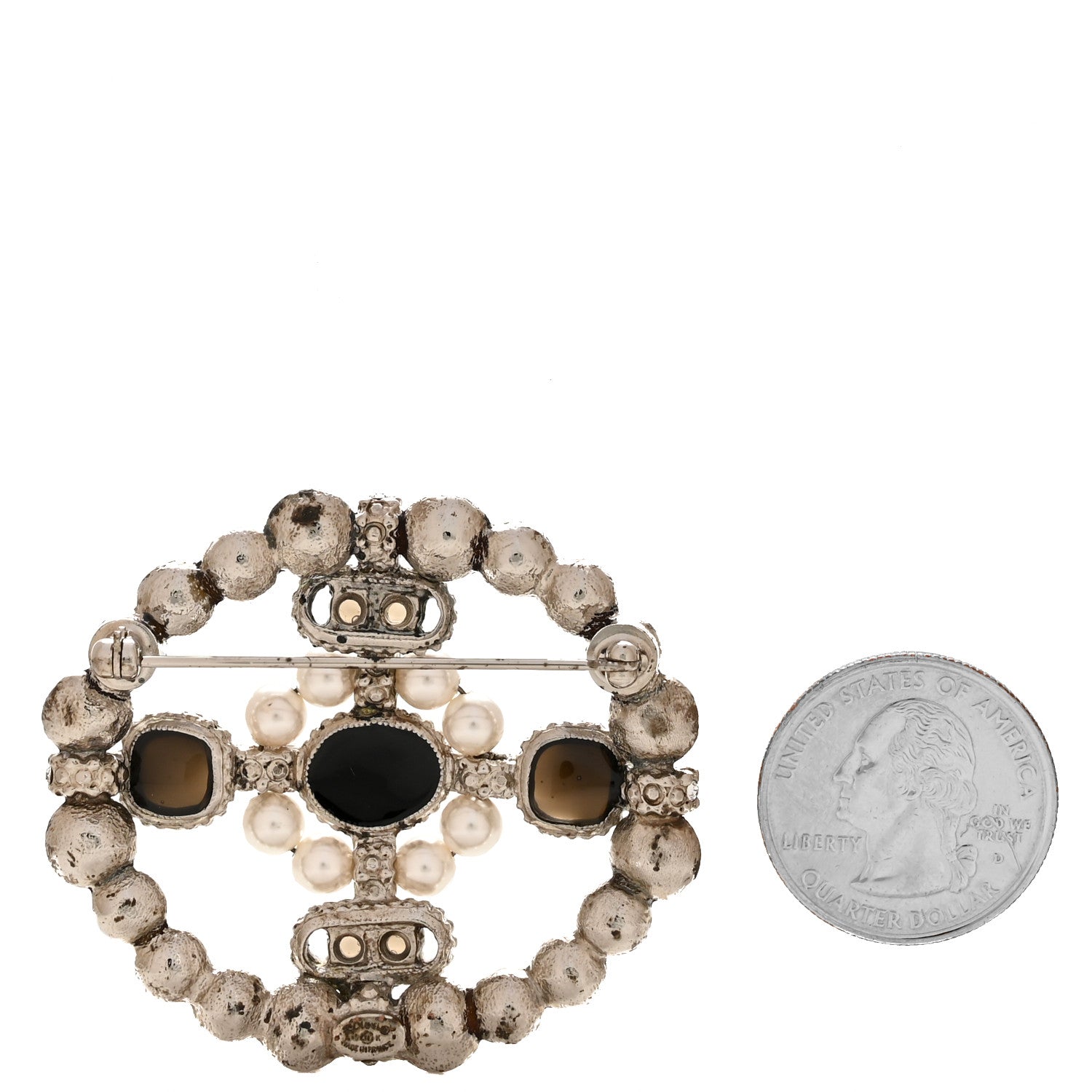 Chanel Gripoix Poured Glass Crystal Pearl Brooch Black Silver