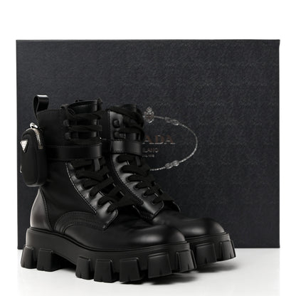 Prada Spazzolato Rois Re-Nylon Metal Triangle Logo Mens Monolith Pouch Pocket 60mm Combat Boots 8 Black 10 of 10