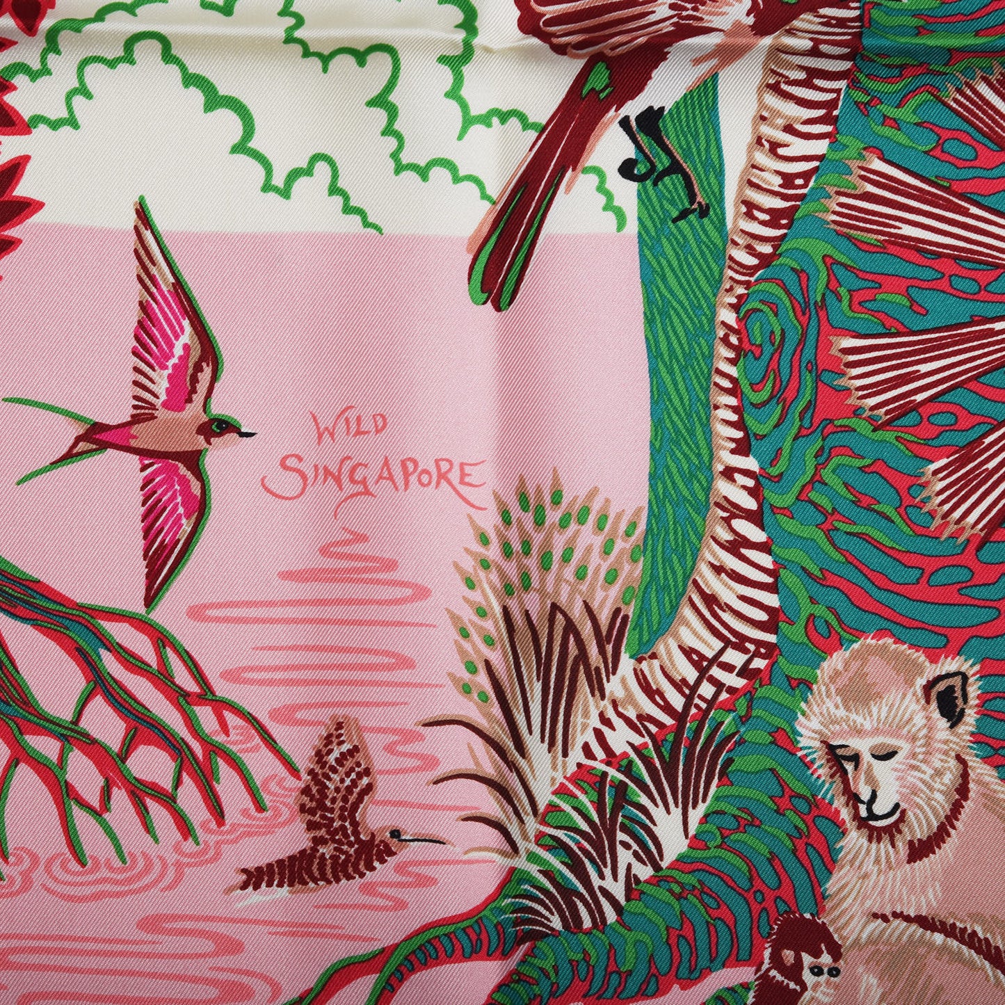 Silk Wild Singapore Scarf 90 Rose Vert Bordeaux