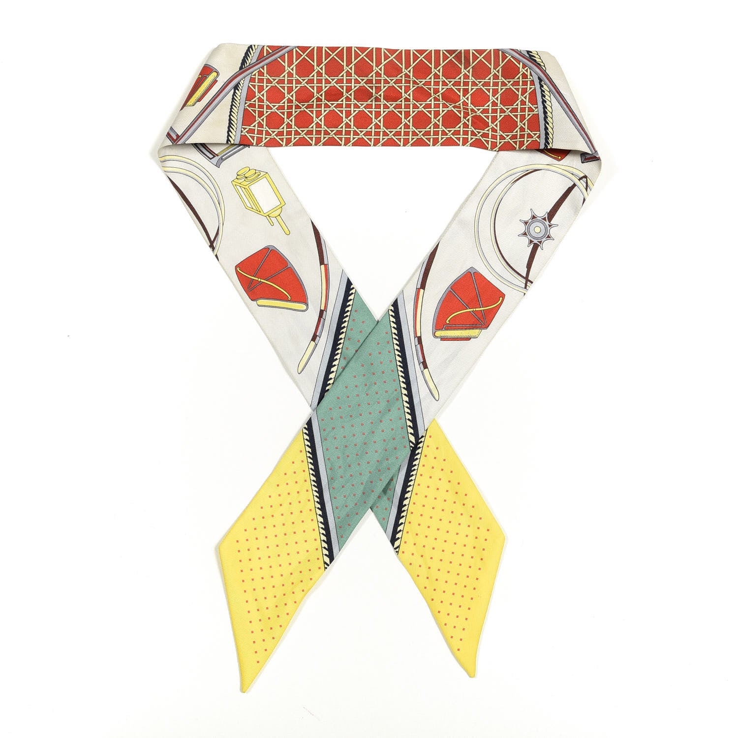 Hermes Silk Les Voitures A Transformation Twilly Gris Perle Rouge Jaune Vif 1 of 3