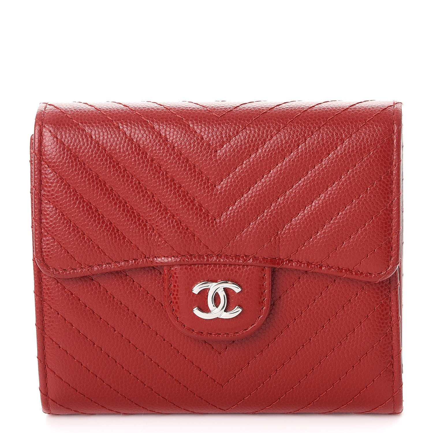 Chanel Caviar Chevron Quilted Compact Flap Wallet Dark Red 1 of 9