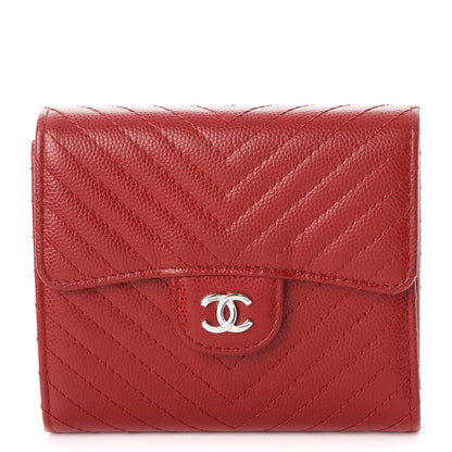 Chanel Caviar Chevron Quilted Compact Flap Wallet Dark Red 1 of 9