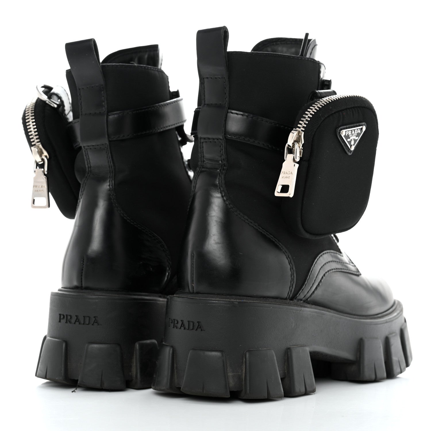 Prada Spazzolato Rois Nylon Metal Triangle Logo Monolith Pouch Pocket 55mm Boots 36 Black 4 of 8