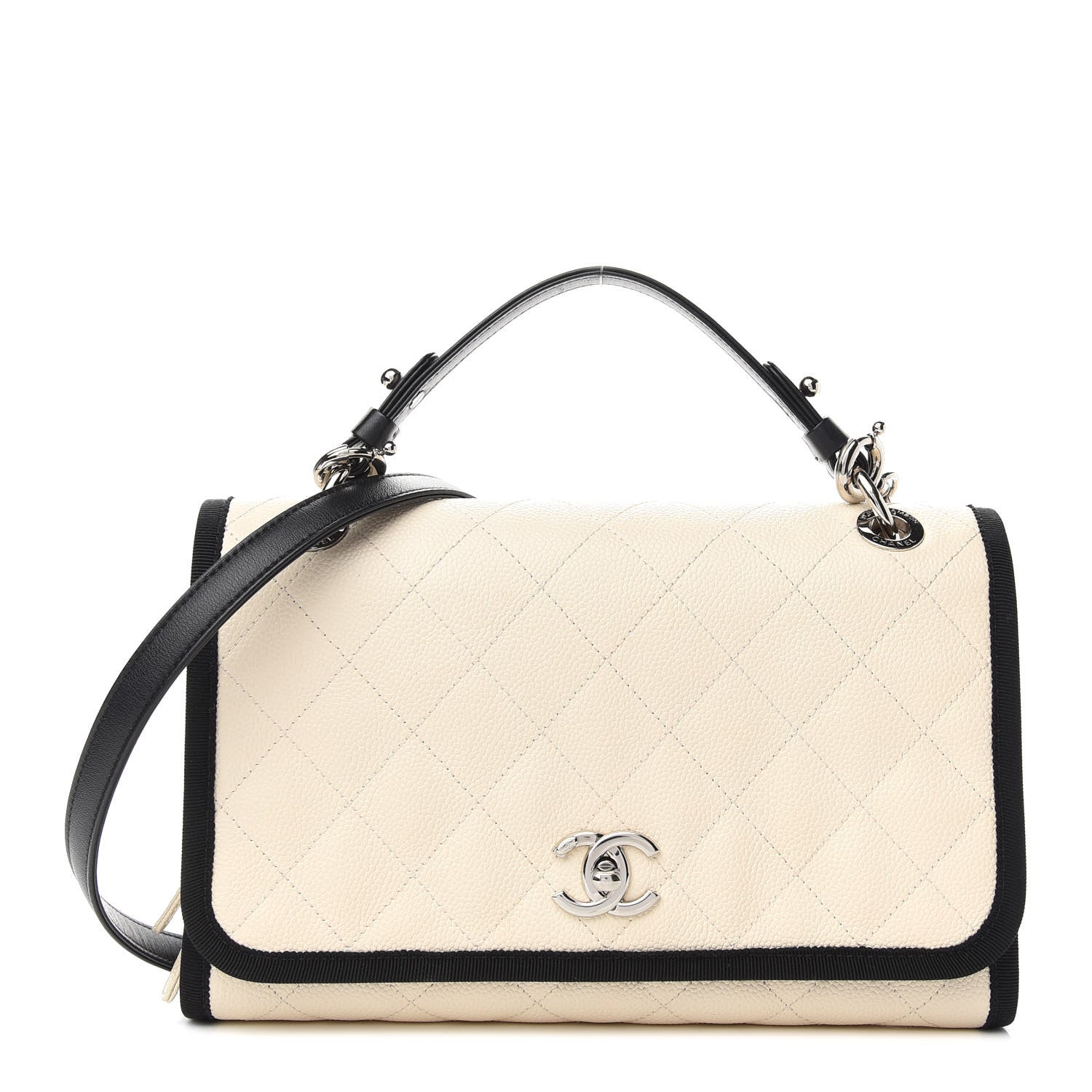 Chanel Caviar Grosgrain Quilted Top Handle CC Flap Beige Black 2 of 13