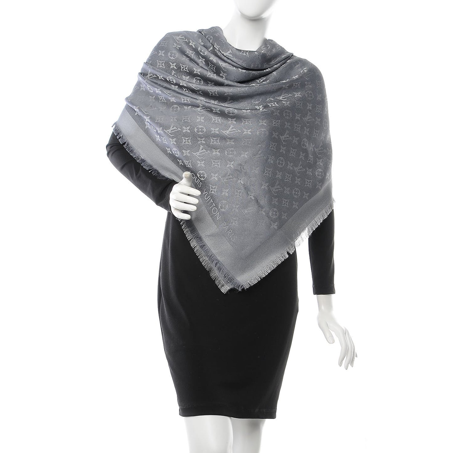 Silk Wool Monogram Shine Shawl Charcoal Grey