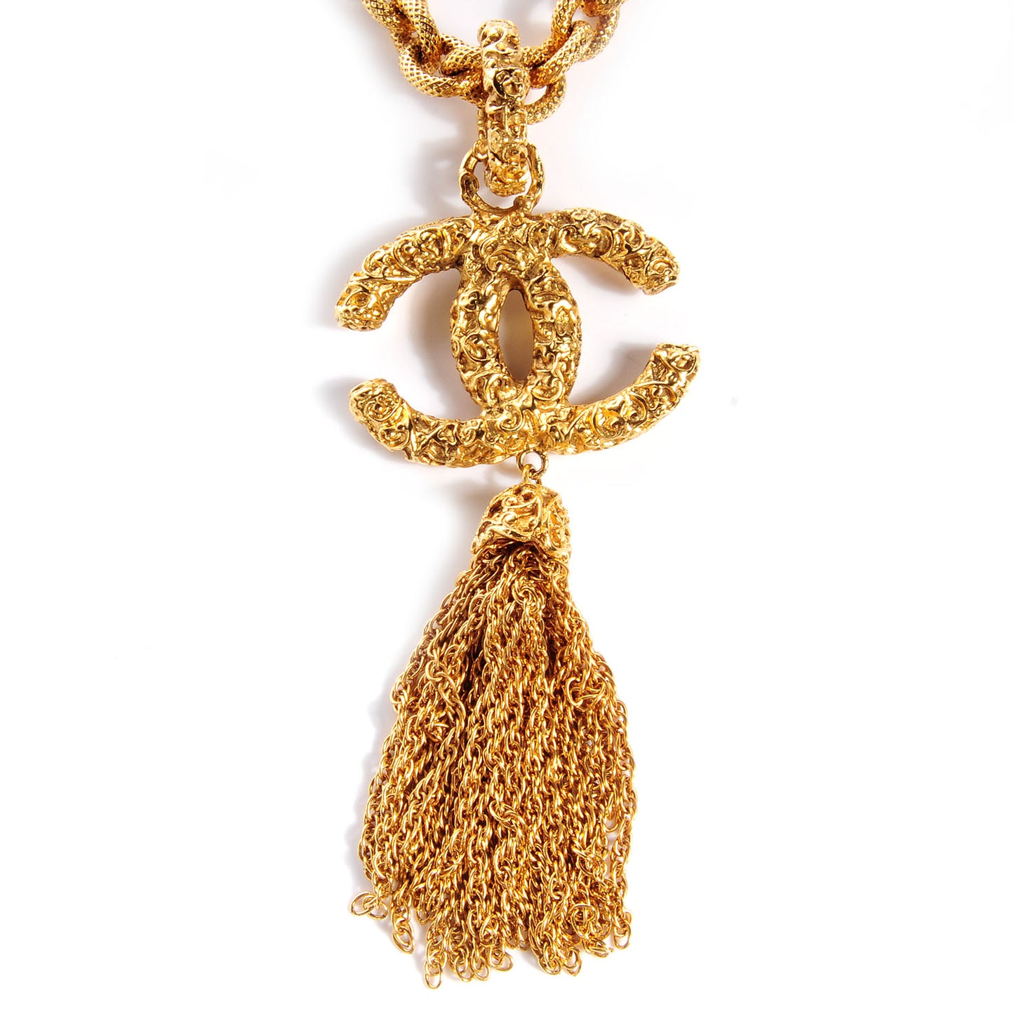 Textured Etruscan CC Tassel Necklace Gold
