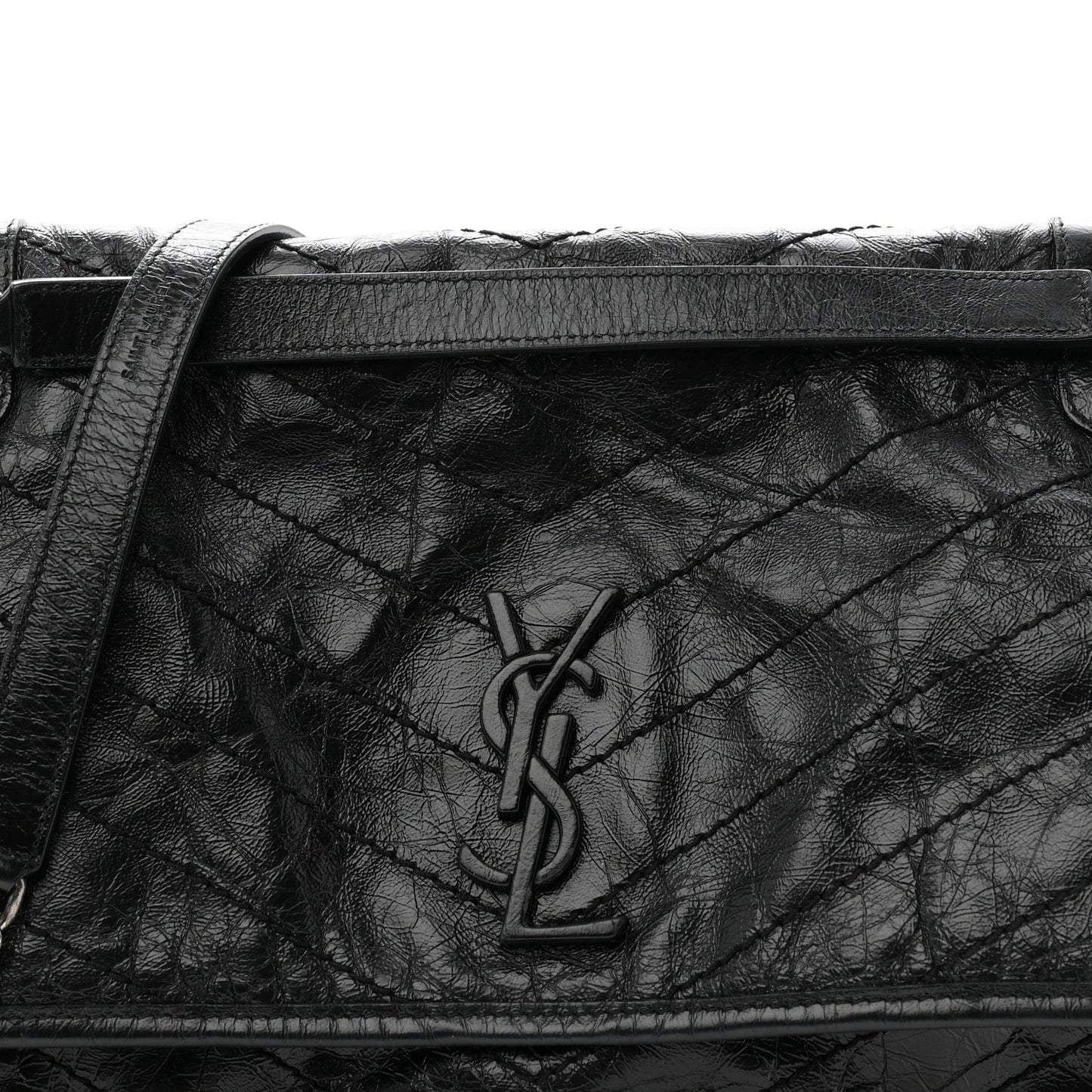 Crinkled Calfskin Matelasse Monogram Large Niki Chain Satchel Black