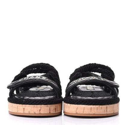 Chanel Cord Lambskin Quilted Logo Sandals 38 Black 2 of 11