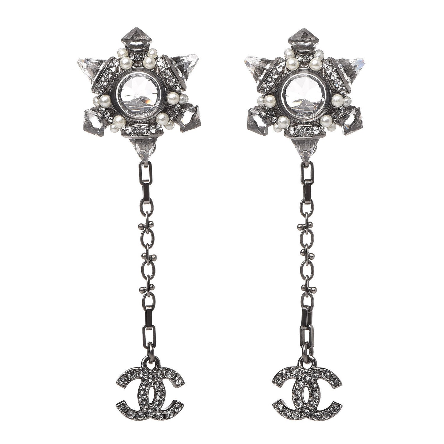 Crystal Pearl CC Drop Earrings Silver