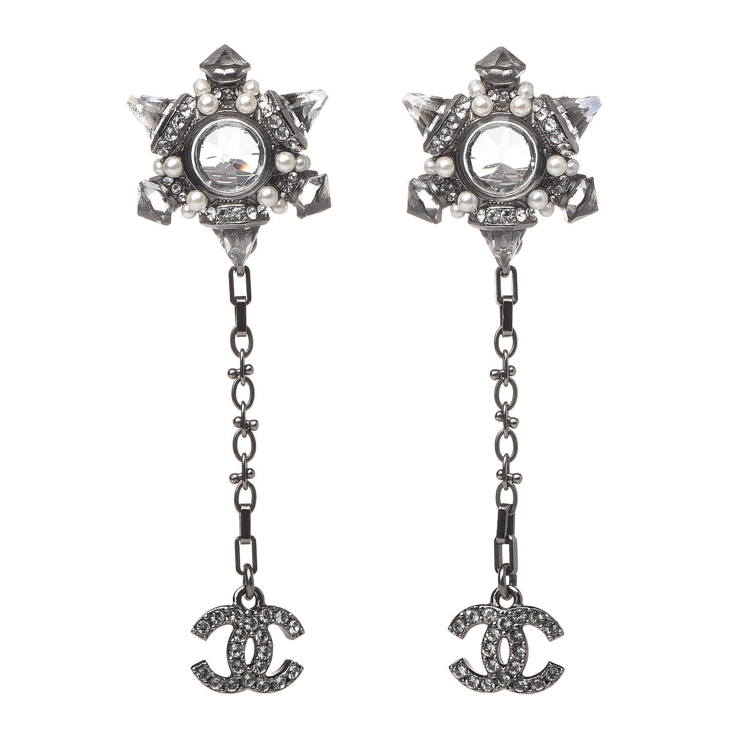 Chanel Crystal Pearl CC Drop Earrings Silver 1 of 7