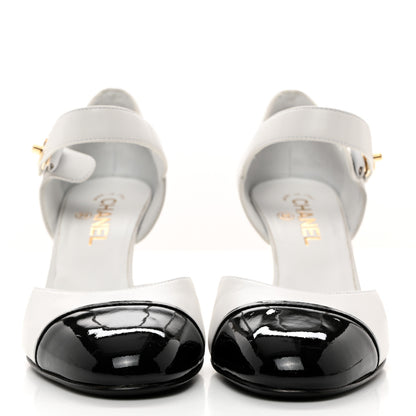 Chanel Lambskin Patent Cap Toe Mary Jane Wedge Pumps 39.5 White Black 2 of 9