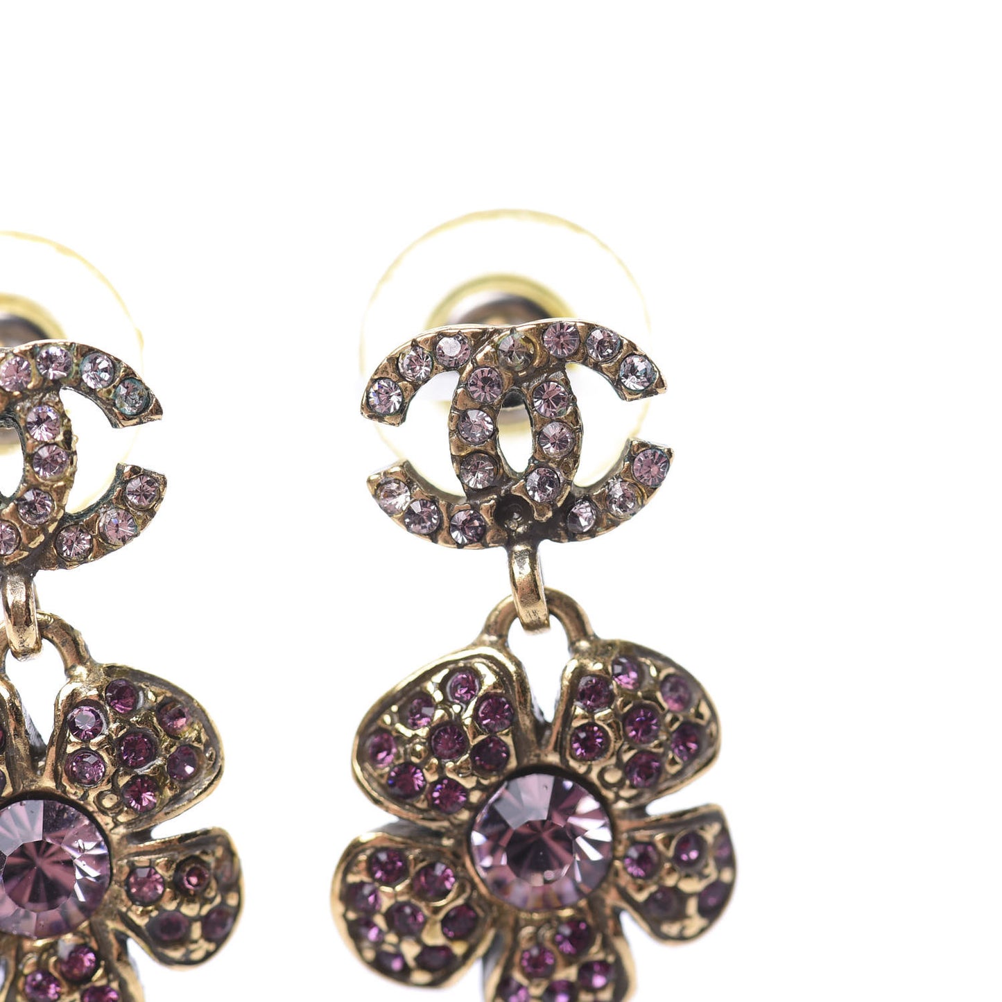 Crystal CC Flower Drop Earrings Gold Purple