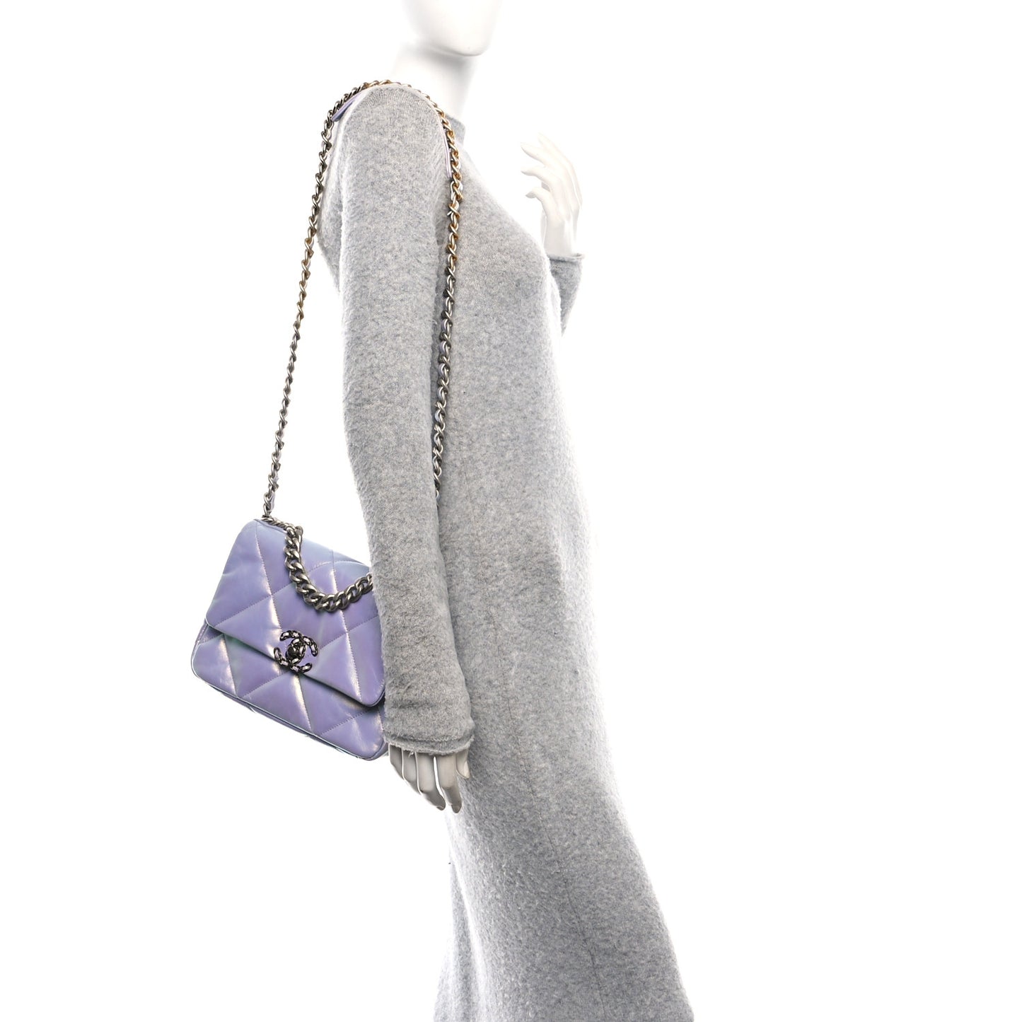 Iridescent Calfskin Quilted Medium Chanel 19 Flap Light Purple Blue