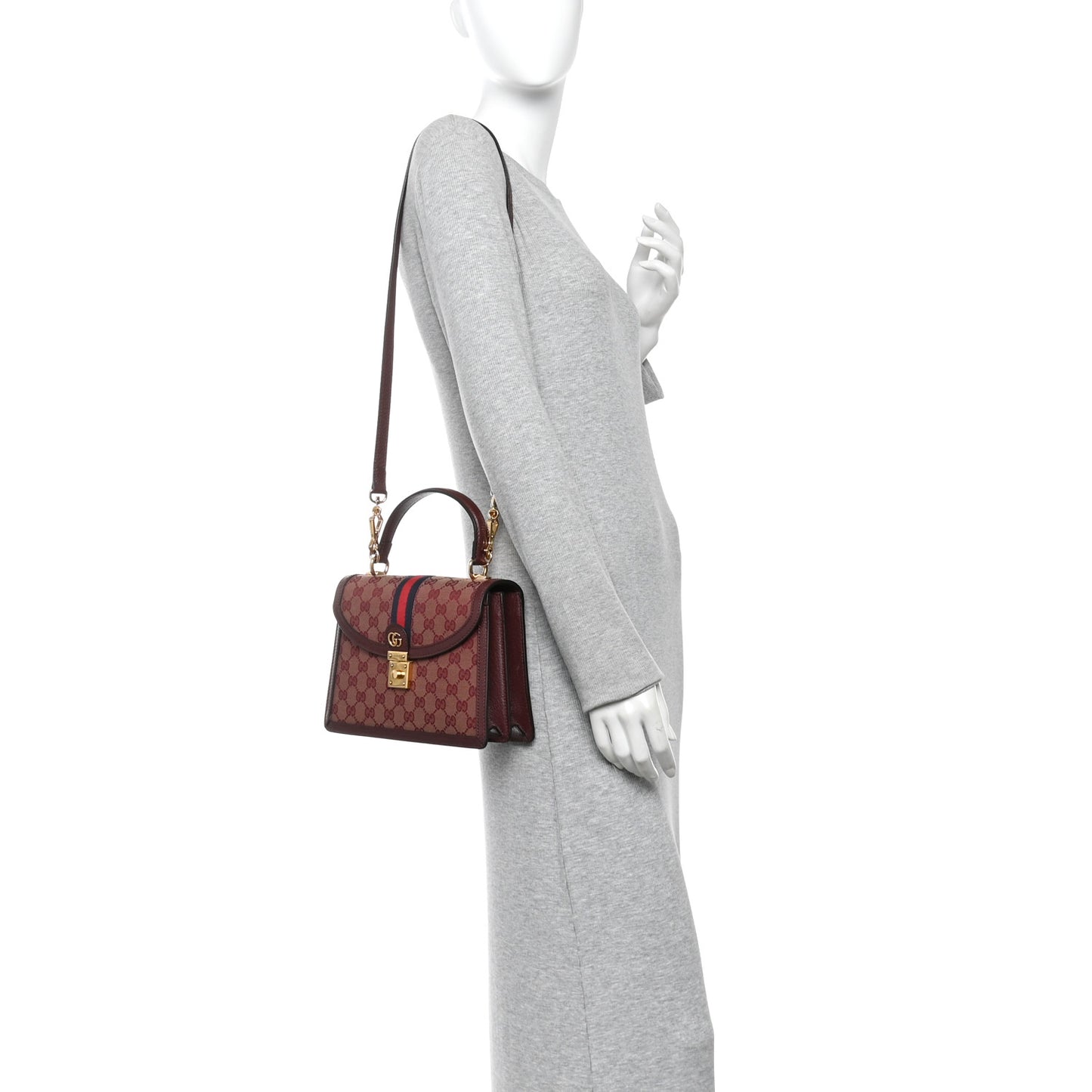 GG Supreme Monogram Textured Dollar Calfskin Web Small Ophidia Padlock Top Handle Bag Bordeaux