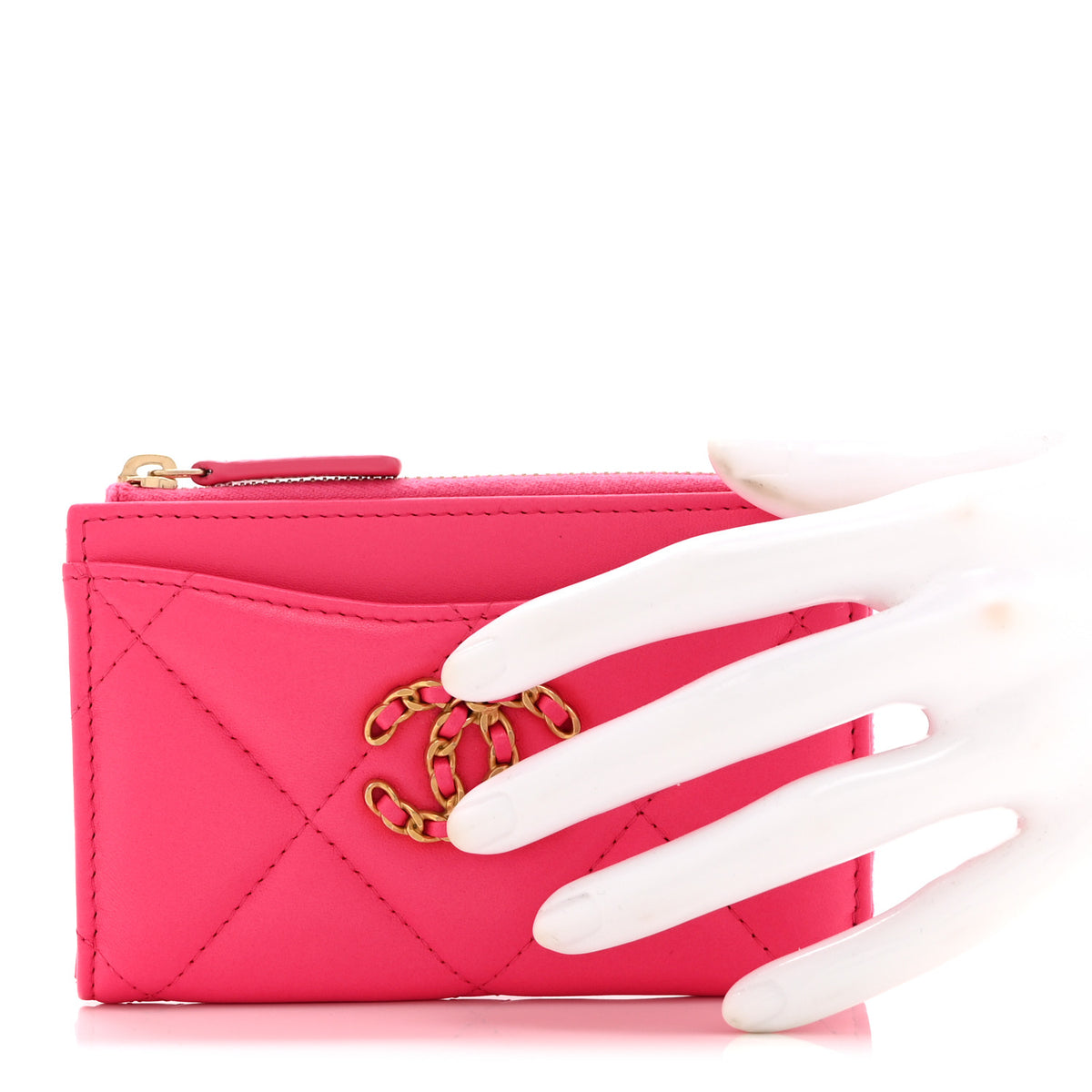Lambskin Quilted Chanel 19 Zip Card Holder Pink