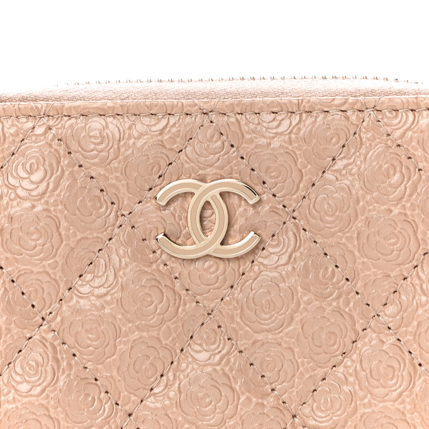 Calfskin Camellia Embossed Zip Coin Purse Beige