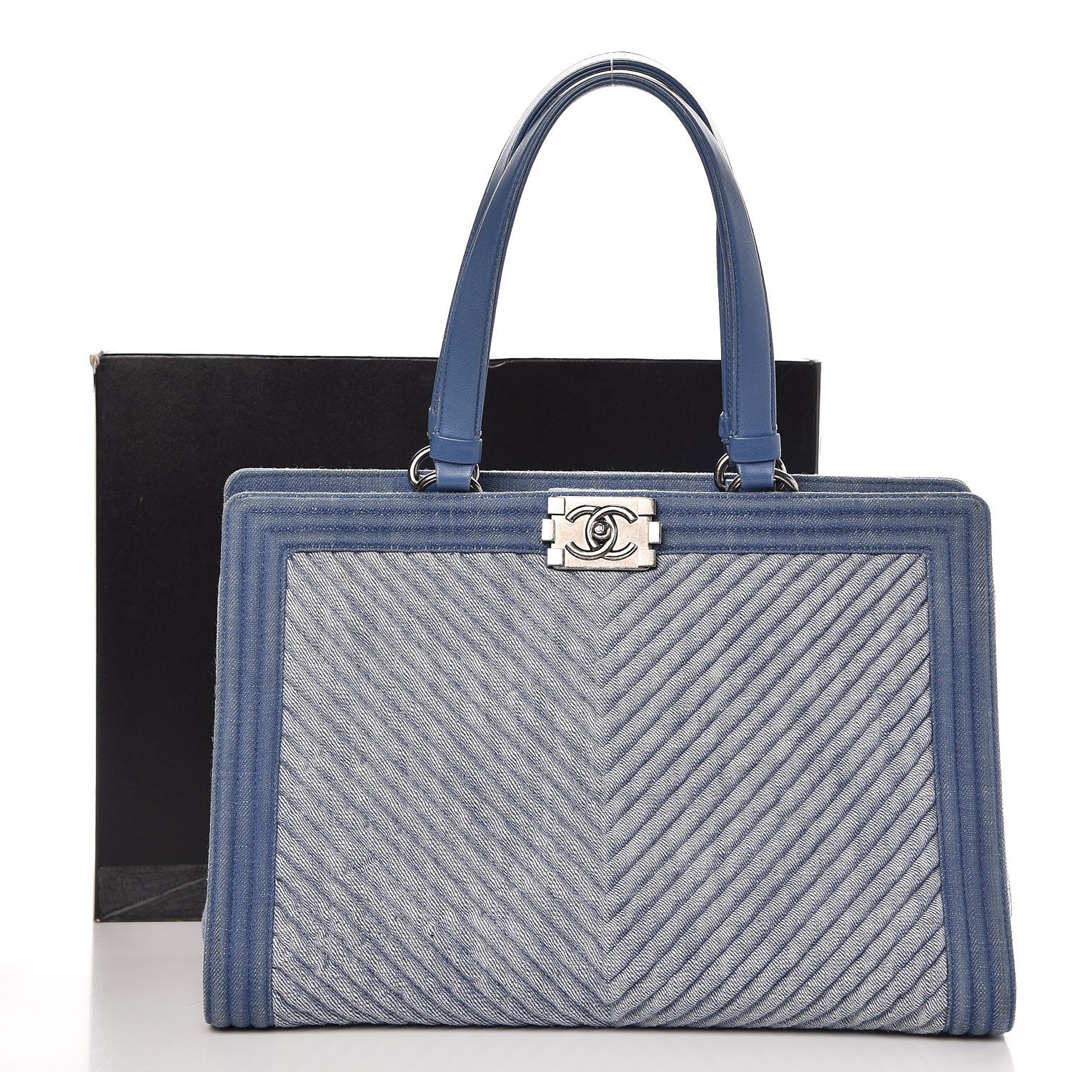Chanel Denim Chevron Quilted Large Boy Shopping Tote Light Blue 11 of 17