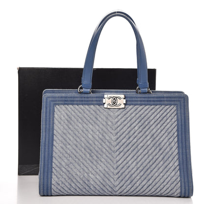 Chanel Denim Chevron Quilted Large Boy Shopping Tote Light Blue 11 of 17