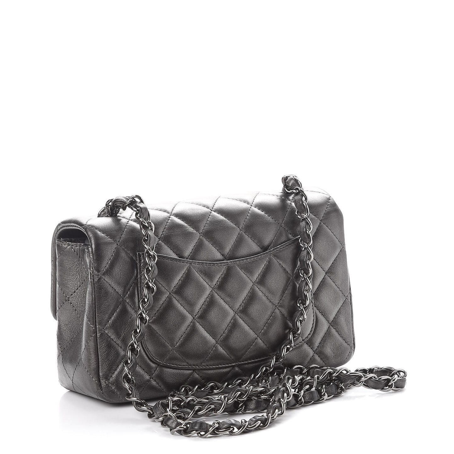 Metallic Lambskin Quilted Mini Rectangular Flap Dark Grey