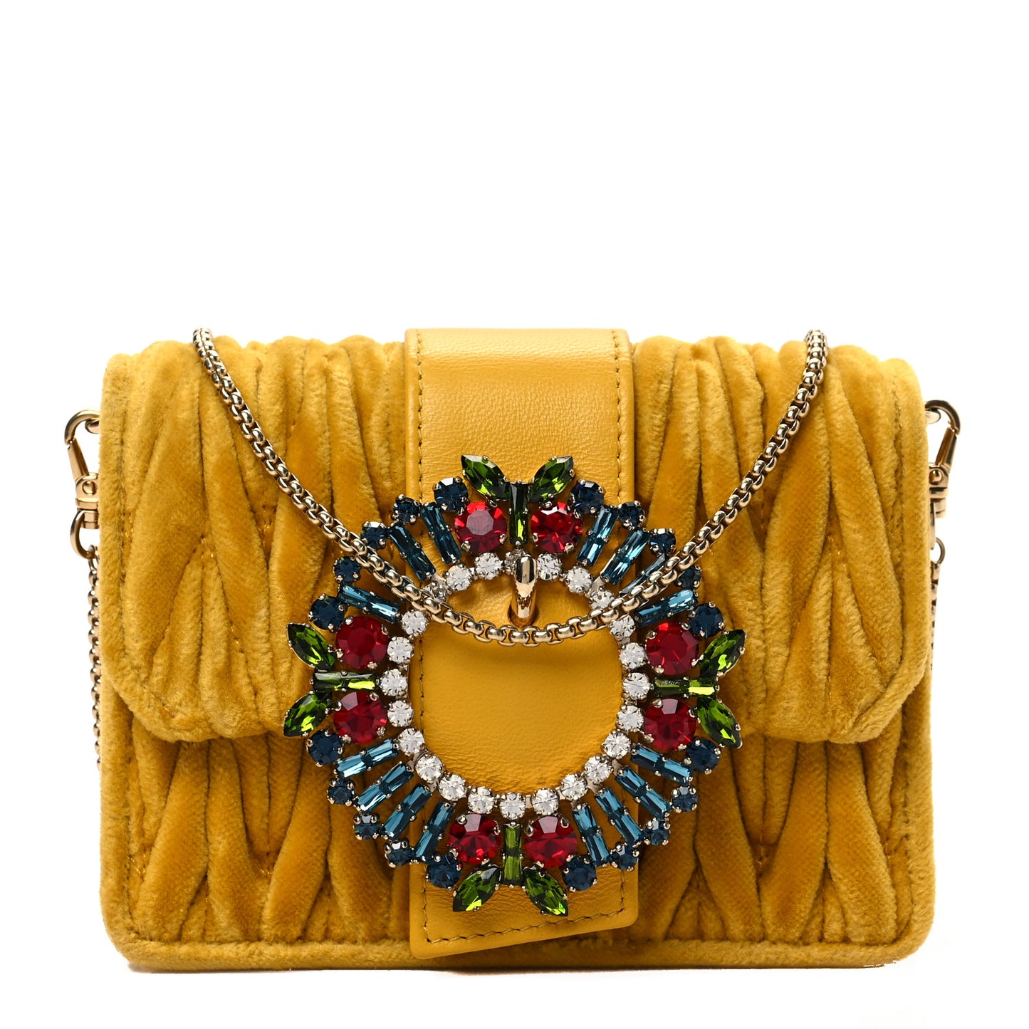 Velluto Matelasse Crystal Embellished Chain Shoulder Bag Senape