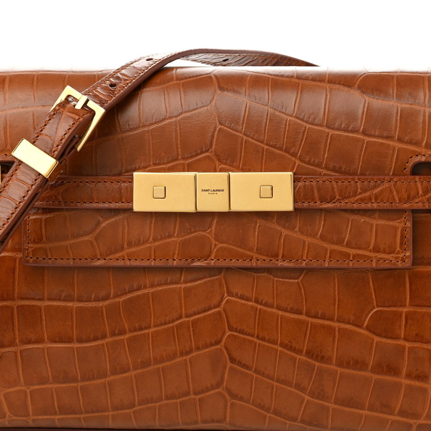Saint Laurent Shiny Calfskin Crocodile Embossed Small Manhattan Baguette Dark Caramel 6 of 8