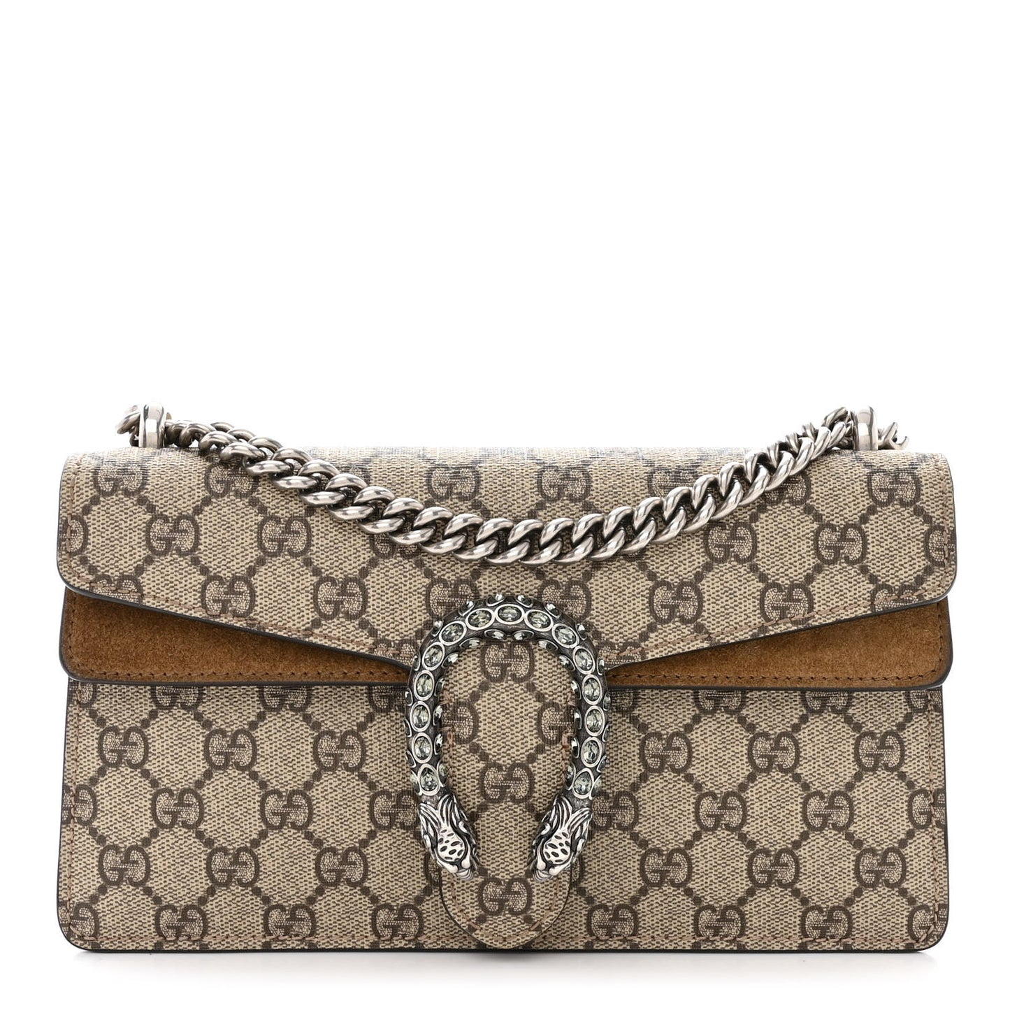 GG Supreme Monogram Suede Crystal Small Dionysus Shoulder Bag Beige Ebony Taupe