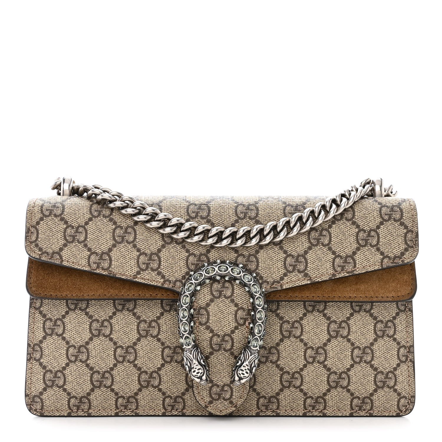Gucci GG Supreme Monogram Suede Crystal Small Dionysus Shoulder Bag Beige Ebony Taupe 1 of 12
