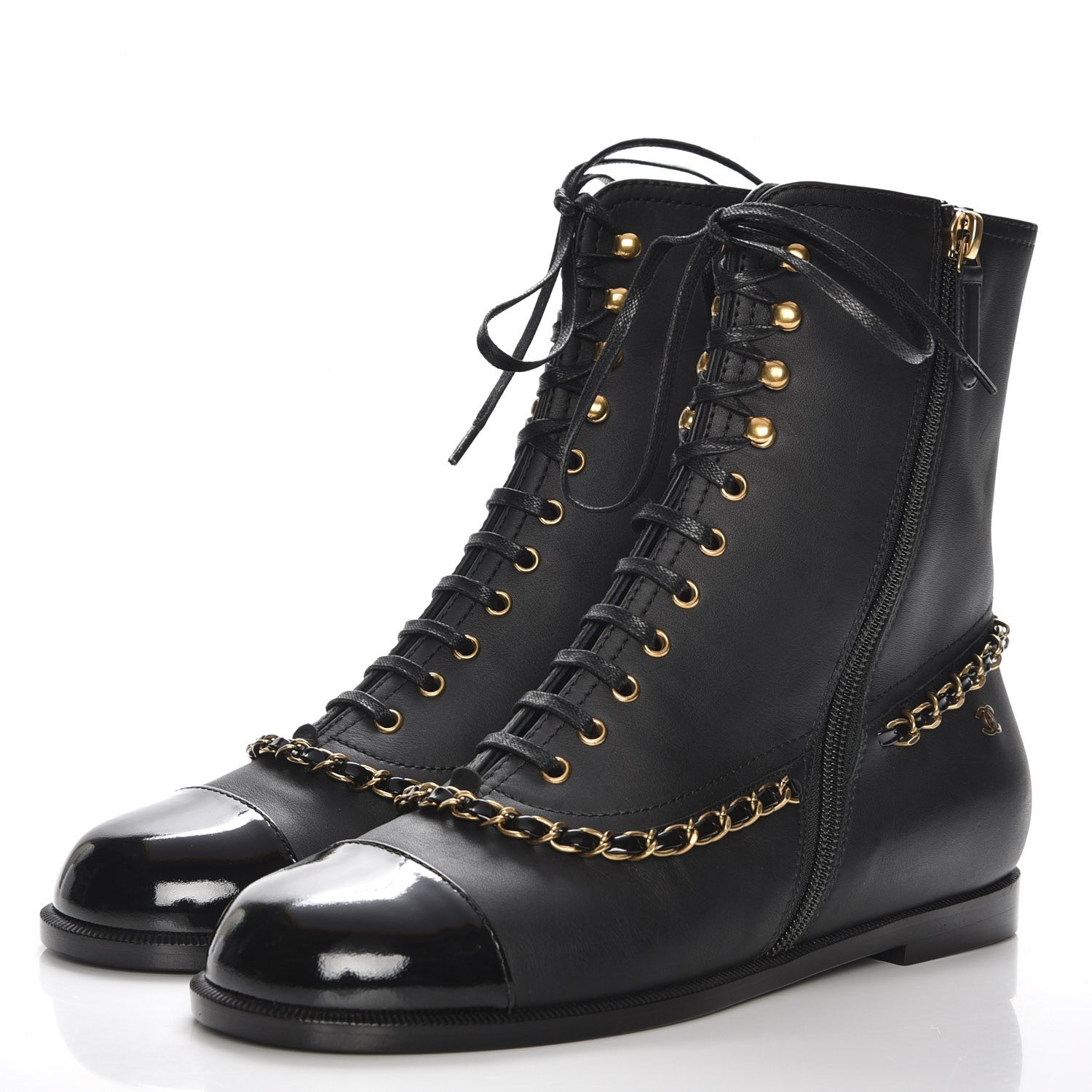 Chanel Calfskin Chain Lace Up Boots 37.5 Black 3 of 8