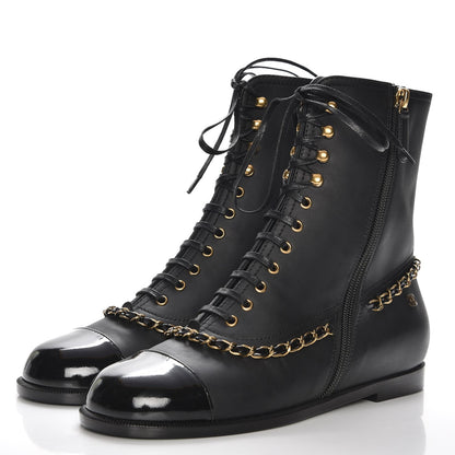 Chanel Calfskin Chain Lace Up Boots 37.5 Black 3 of 8