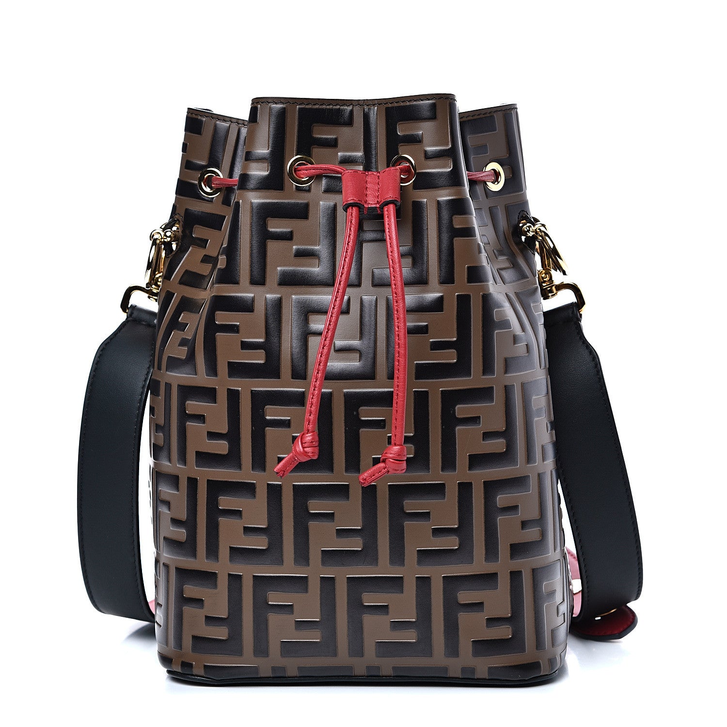Fendi Vitello Grace F is Fendi Bi-Color FF 1974 Embossed Grande Mon Tresor Bucket Bag Maya Black Fragola 1 of 9