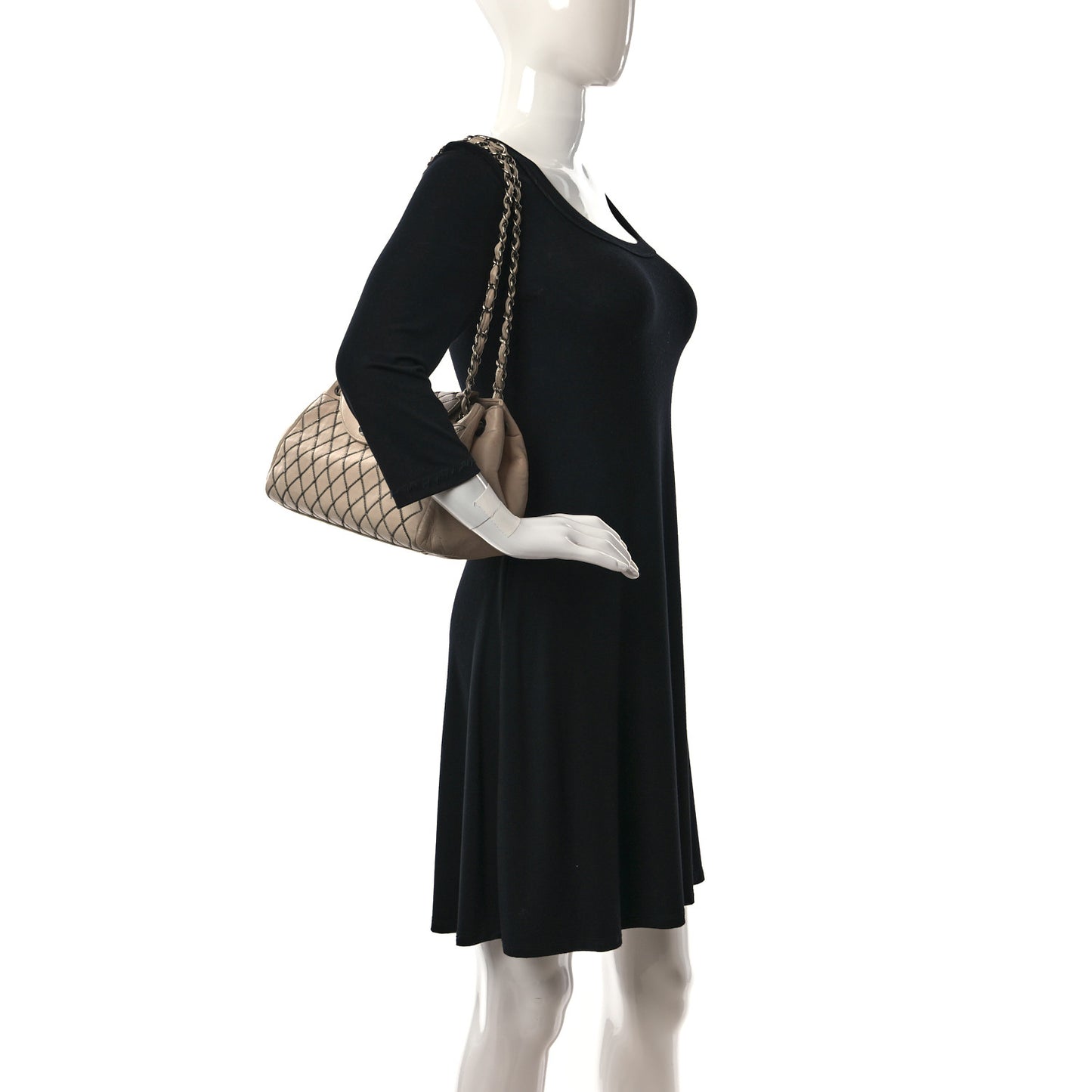 Lambskin Chain Stitch Shoulder Bag Beige