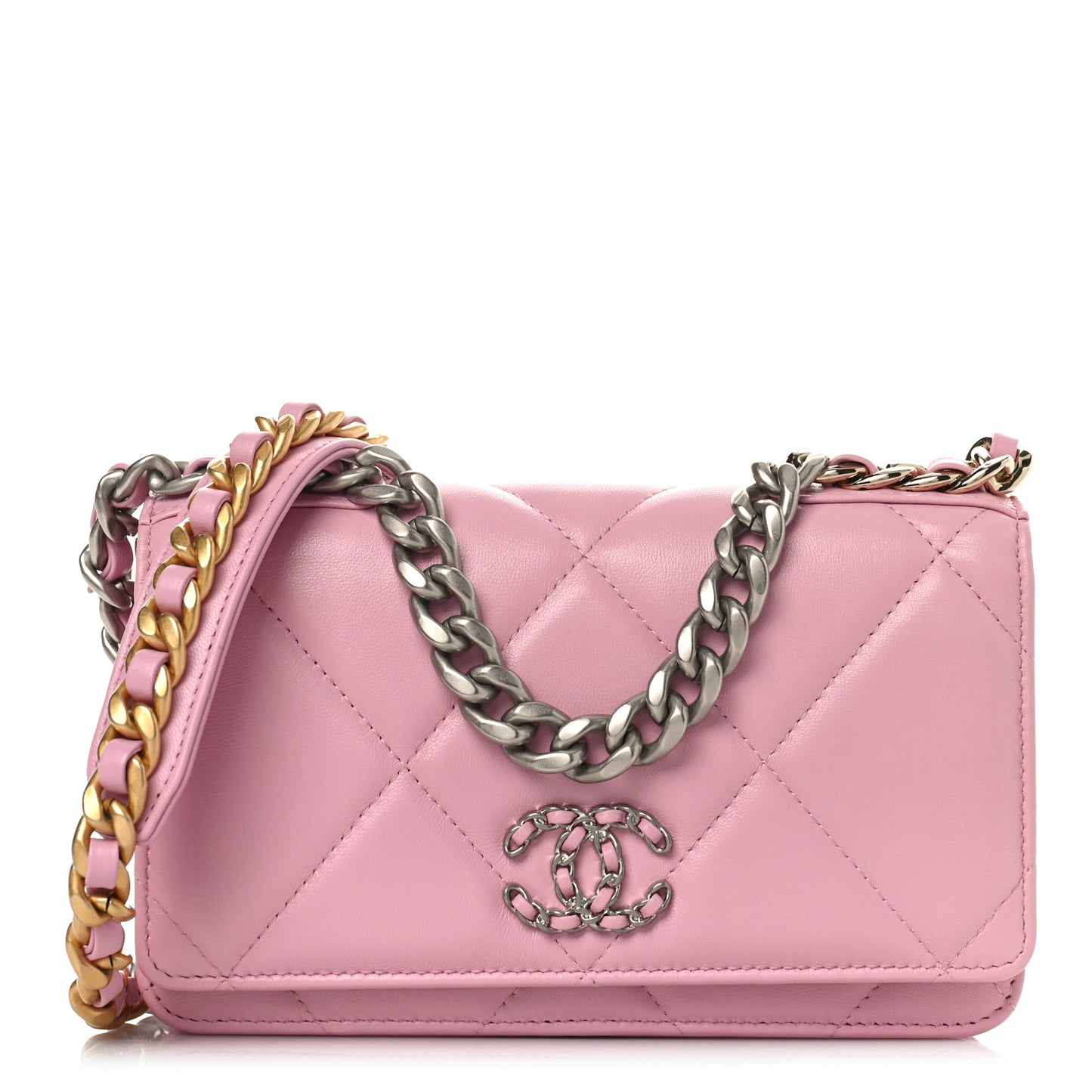 Lambskin Quilted Chanel 19 Wallet On Chain WOC Dark Pink