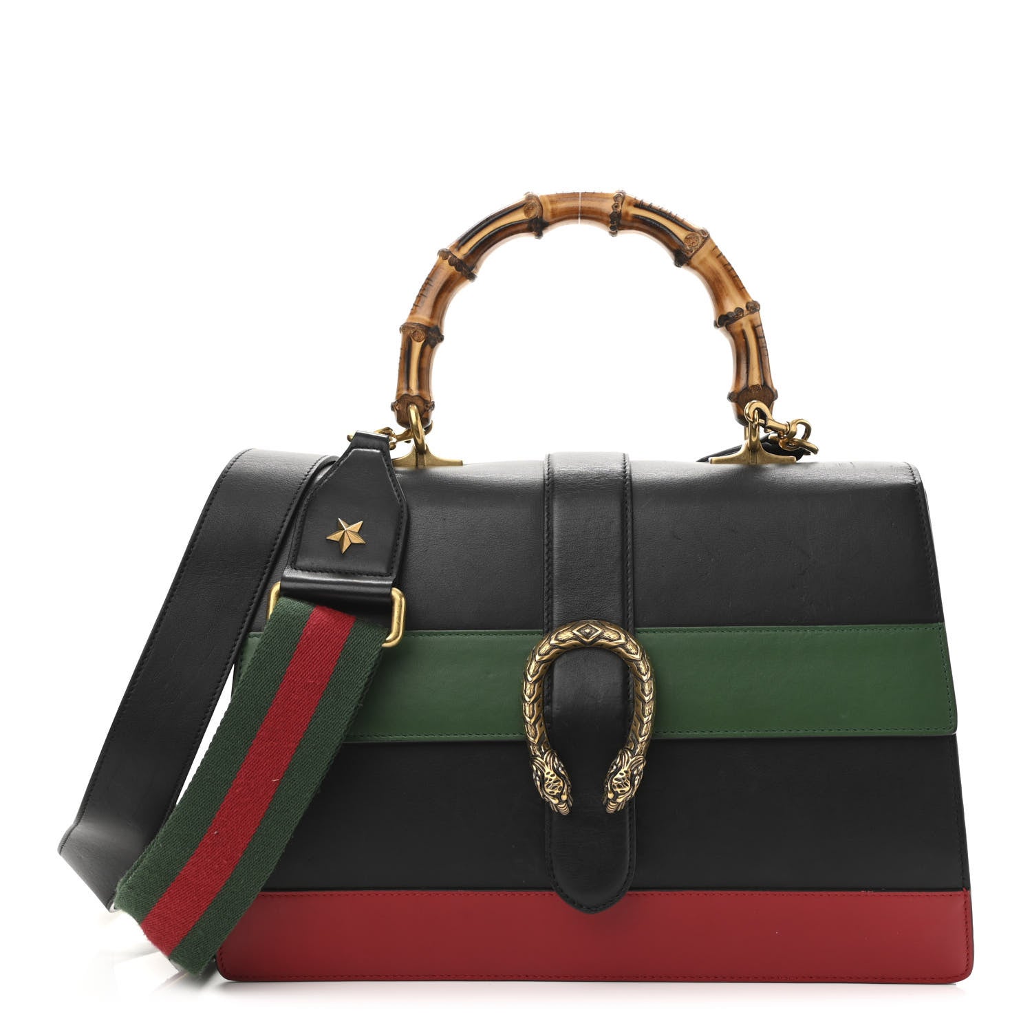 Gucci Calfskin Bamboo Web Large Dionysus Top Handle Bag Black Bright Evergreen Hibiscus Red 1 of 14