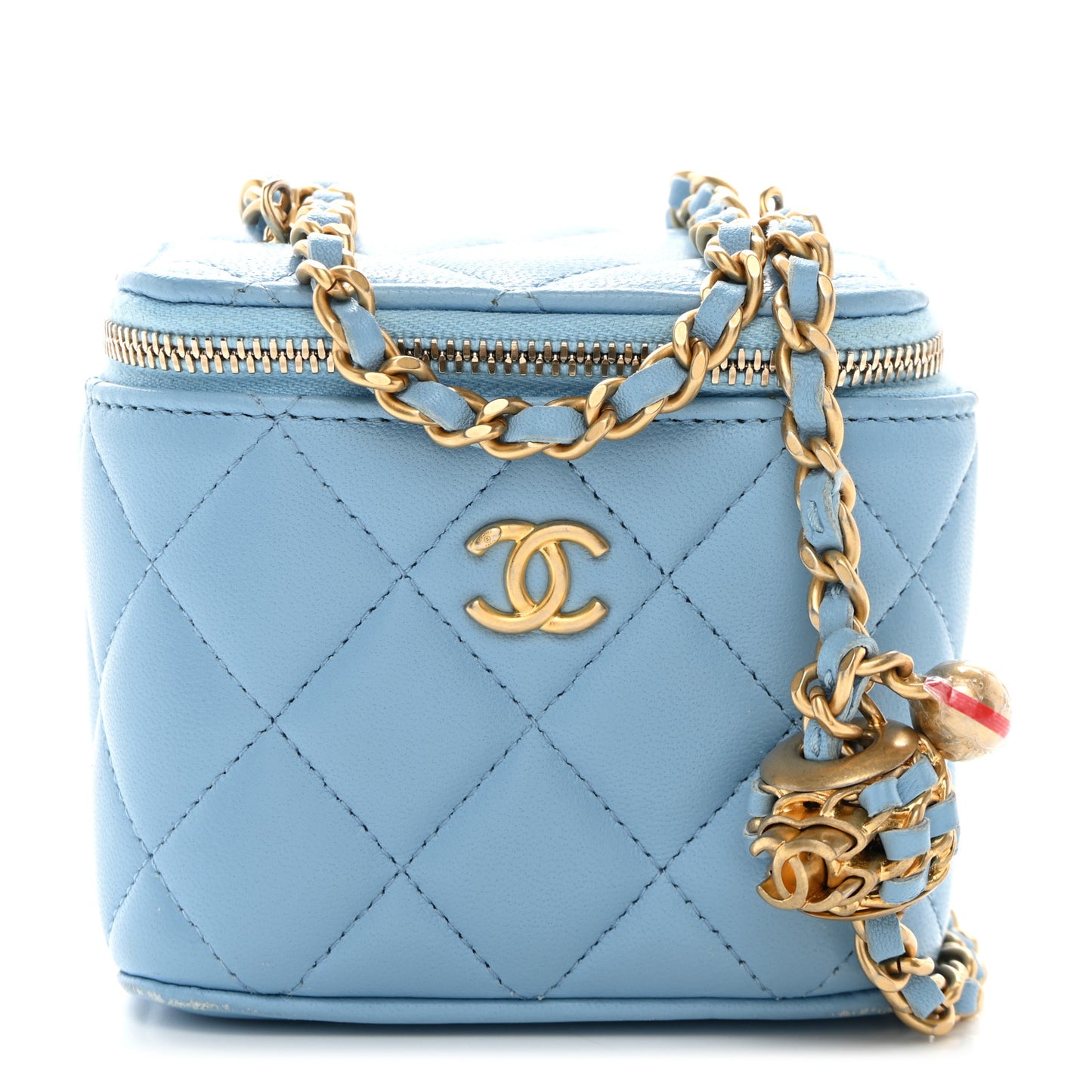 Lambskin Quilted Pearl Crush Mini Vanity Case With Chain Light Blue