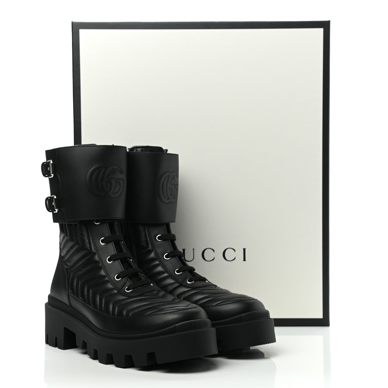 Gucci Nappa Frances GG Matelasse Platform Combat Boots 39 Black 9 of 9