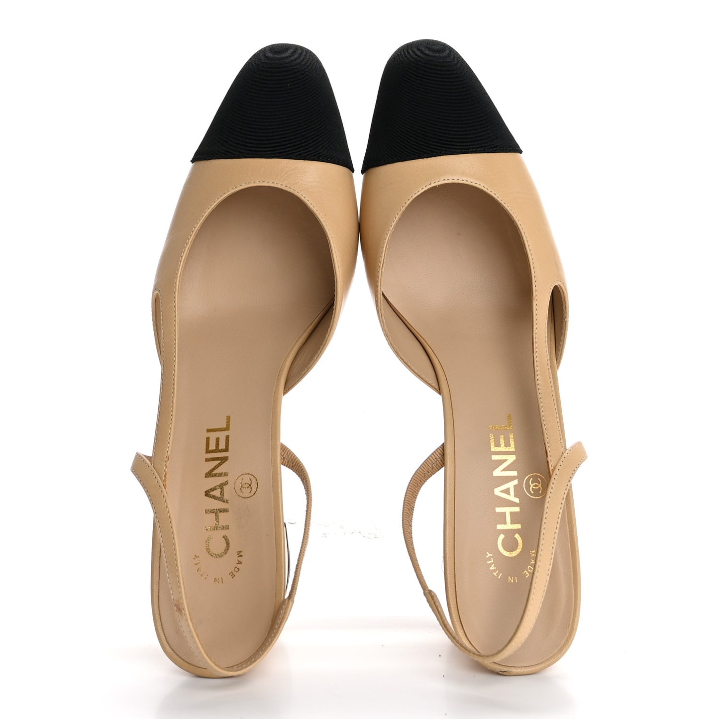 Goatskin Grosgrain Cap Toe CC Slingback Pumps 38.5 Beige Black