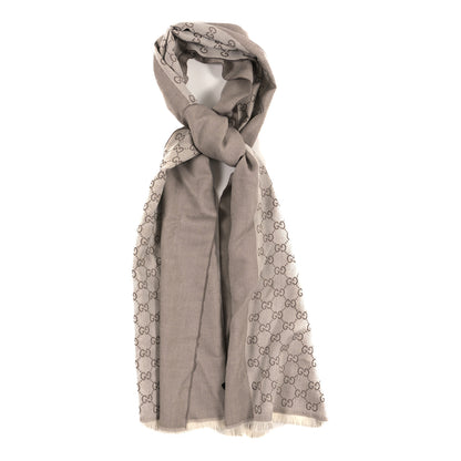 Gucci Wool Silk Monogram GGWeb Fringe Shawl Bitume Ivory 1 of 4