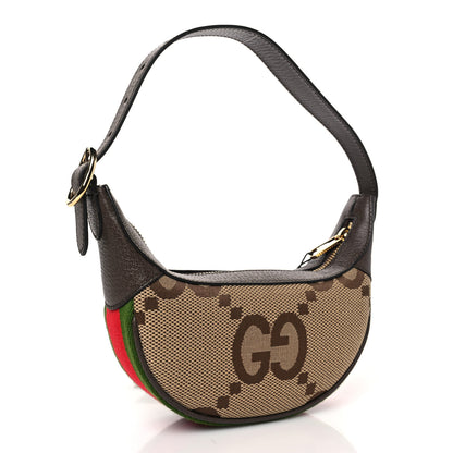 Gucci Monogram Jumbo GG Textured Dollar Calfskin Web Mini Ophidia Half Moon Hobo Camel Ebony New Acero 3 of 10