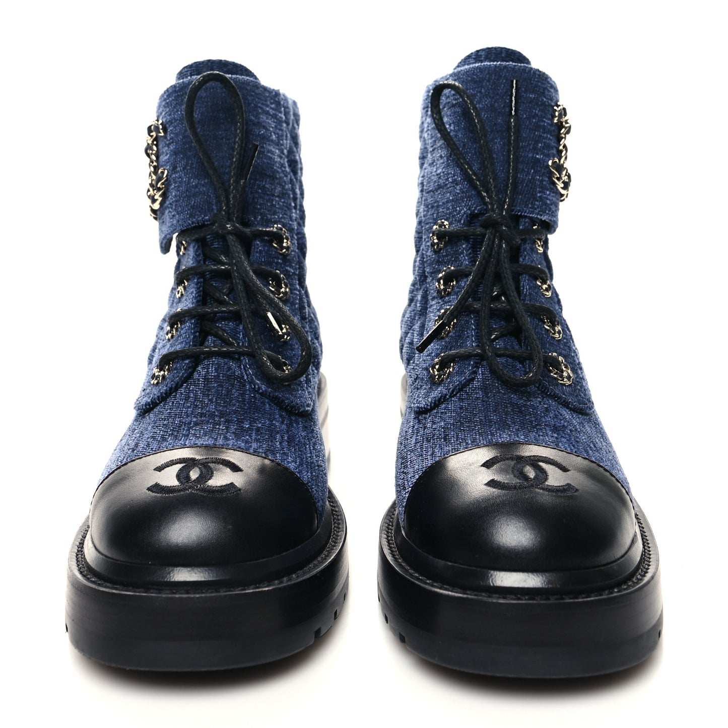 Shiny Calfskin Velvet Quilted Lace Up Combat Boots 37 Blue