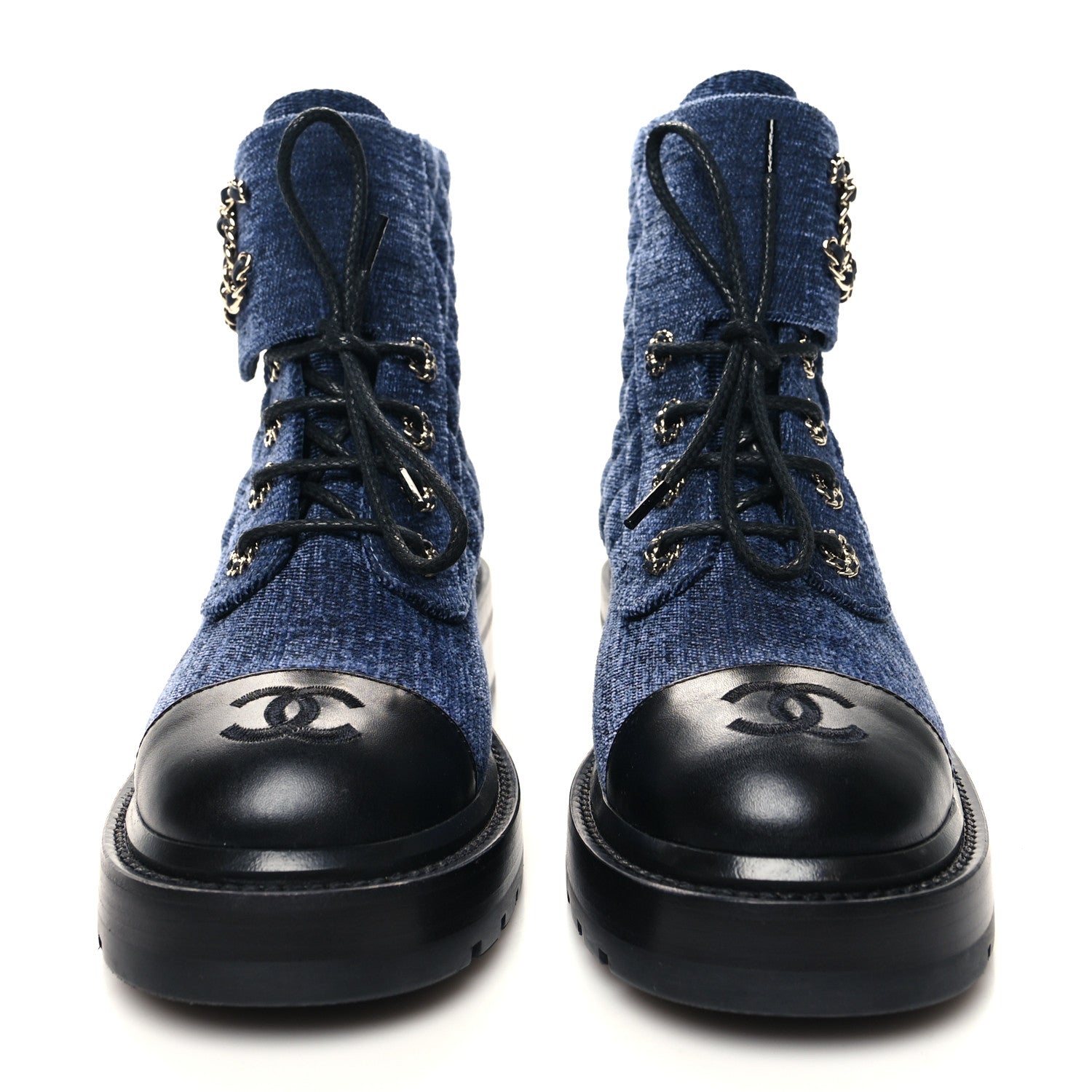 Chanel Shiny Calfskin Velvet Quilted Lace Up Combat Boots 37 Blue 2 of 9