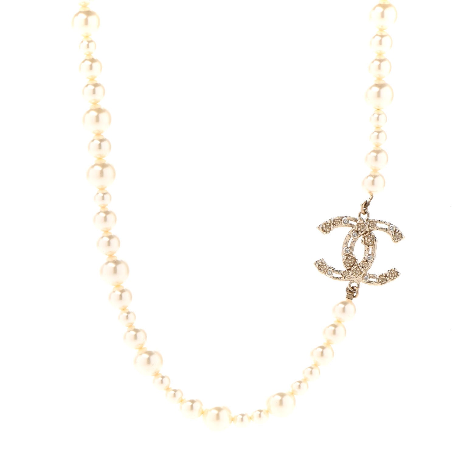 Chanel Pearl Crystal CC Camellia Short Necklace Gold 1 of 6